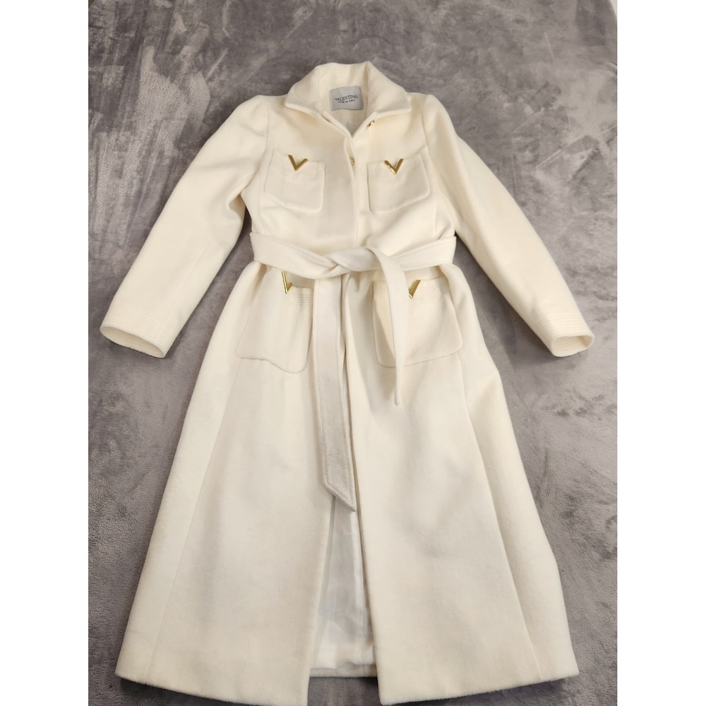 VALENTINO $6,900 Ivory Virgin Wool Silk Belted Long Coat Gold V Pockets size 38